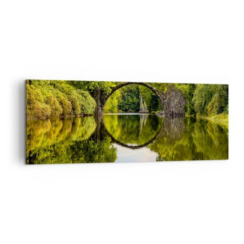 Impression sur toile - Image sur toile - Un pont de pierre sur une rivière avec un reflet parfait dans l'eau - 140x50cm - À la jonction de deux mondes - Décoration murale moderne pour le salon et la chambre ARTTOR