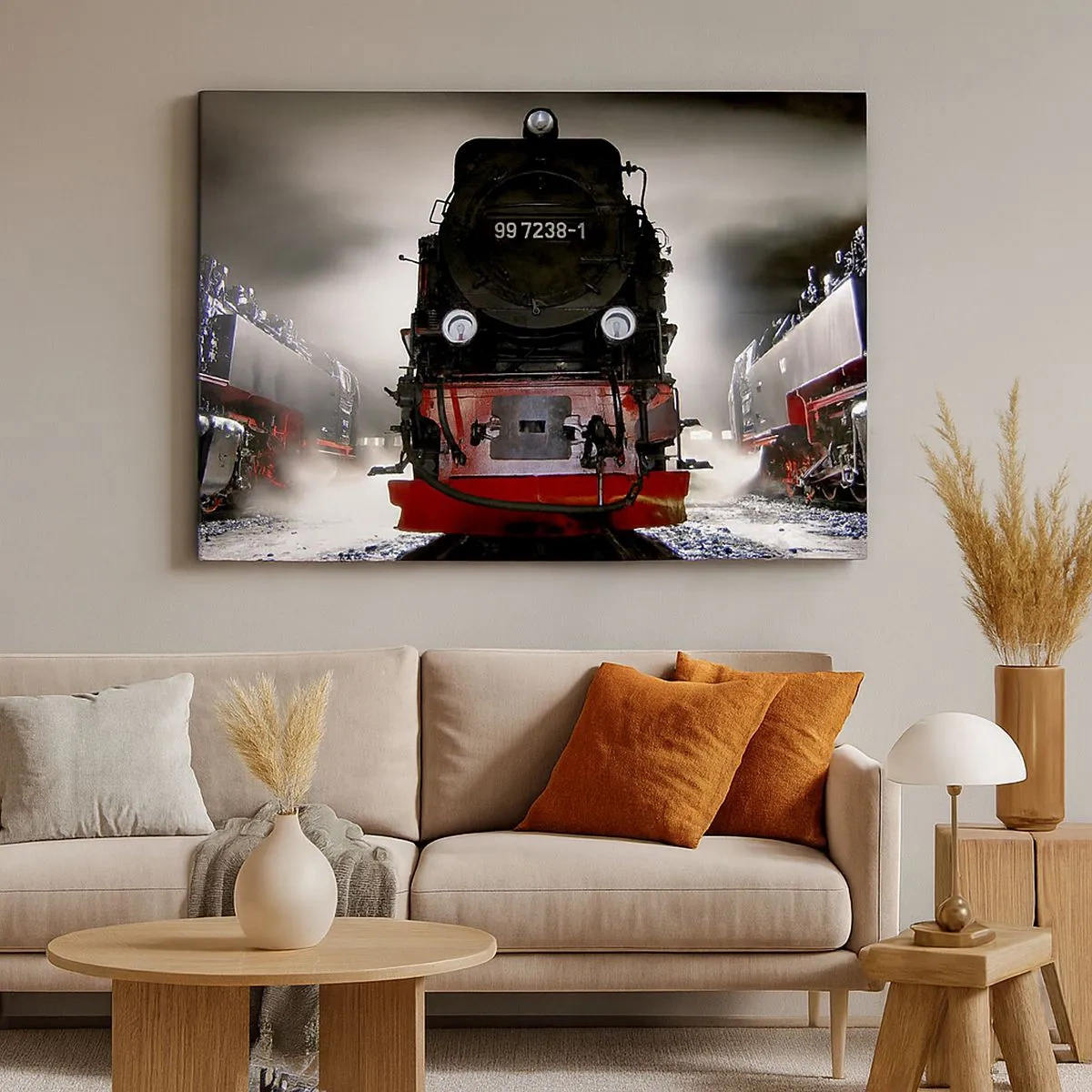 Impression sur toile - Image sur toile - Une locomotive à vapeur entourée de vapeur sur un ciel sombre dans un décor atmosphérique - 70x50cm - Il se lève et siffle, halète et souffle - Décoration murale moderne pour le salon et la chambre ARTTOR