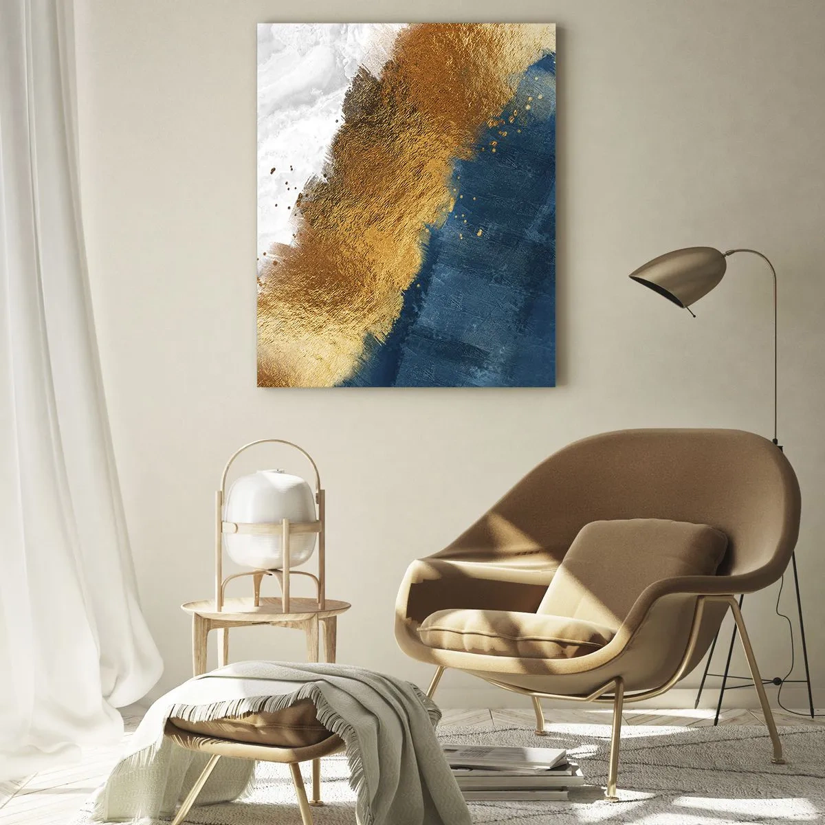 Impression sur verre - Image sur verre - Une composition abstraite dans des tons d'or, de bleu et de blanc. - 70x100cm - Les couleurs de l’été - Décoration murale moderne pour le salon et la chambre ARTTOR