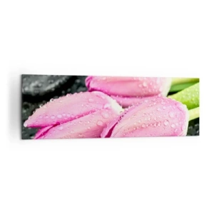 Impression sur toile - Image sur toile - Trois tulipes roses avec des gouttes d'eau sur fond noir - 160x50cm - Lilas trois sur une pierre noire - Décoration murale moderne pour le salon et la chambre ARTTOR