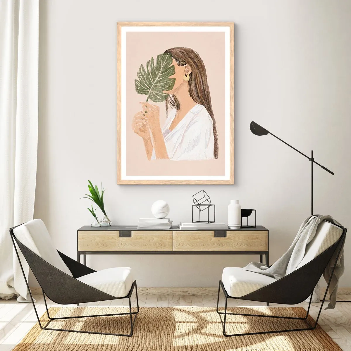 Affiche dans un chêne clair - Poster - Portrait mystérieux avec un éventail - 40x50 cm