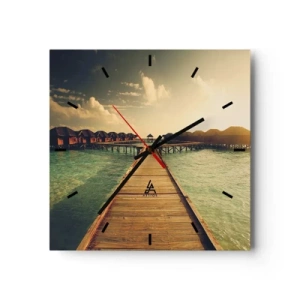 Horloge murale - Pendule murale - Une jetée en bois menant aux maisons sur l'eau, illuminée par les rayons du soleil. - 30x30cm - Invitation chaleureuse - Décoration murale moderne pour le salon et la chambre ARTTOR