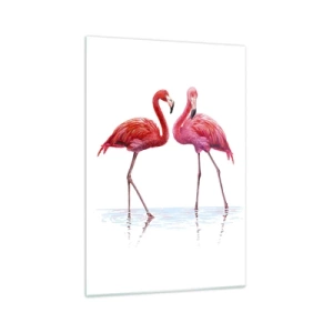 Impression sur verre - Image sur verre - Une paire de flamants roses dans l'eau sur un fond clair - 70x100cm - Rendez-vous rose - Décoration murale moderne pour le salon et la chambre ARTTOR