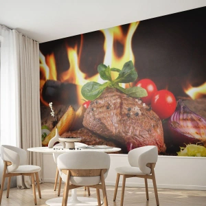 Papier Peint Photo Premium Canvas - Steak grillé avec accompagnements sur fond de flammes - 100x70cm - Ensorcelé par la braise - Décoration murale moderne pour le salon et la chambre ARTTOR