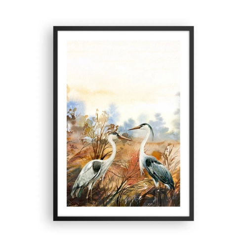 Affiche dans un cadre noir - Poster - Grues sur fond de paysage d'automne à l'aquarelle - 50x70cm - Jusqu'où en automne ? - Décoration murale moderne pour le salon et la chambre ARTTOR
