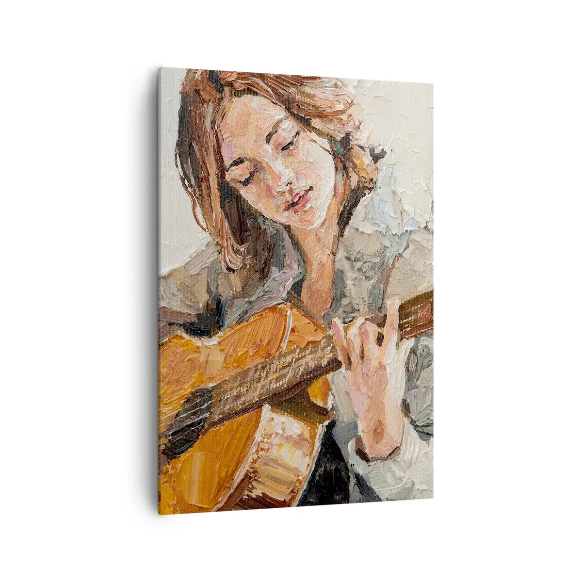 Impression sur toile - Image sur toile - Portrait d'une fille jouant de la guitare dans un style pictural aux couleurs chaudes. - 70x100cm - Concerto pour guitare et coeur de fille - Décoration murale moderne pour le salon et la chambre ARTTOR