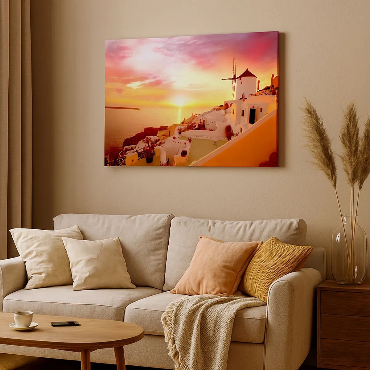 Impression sur toile - Image sur toile - Santorin au coucher du soleil avec un moulin à vent - 70x50cm - Fondre en blanc et or - Décoration murale moderne pour le salon et la chambre ARTTOR