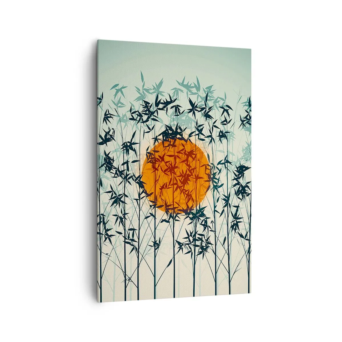 Impression sur toile - Image sur toile - Soleil orange parmi les branches de bambou - 80x120cm - Soleil japonnais - Décoration murale moderne pour le salon et la chambre ARTTOR