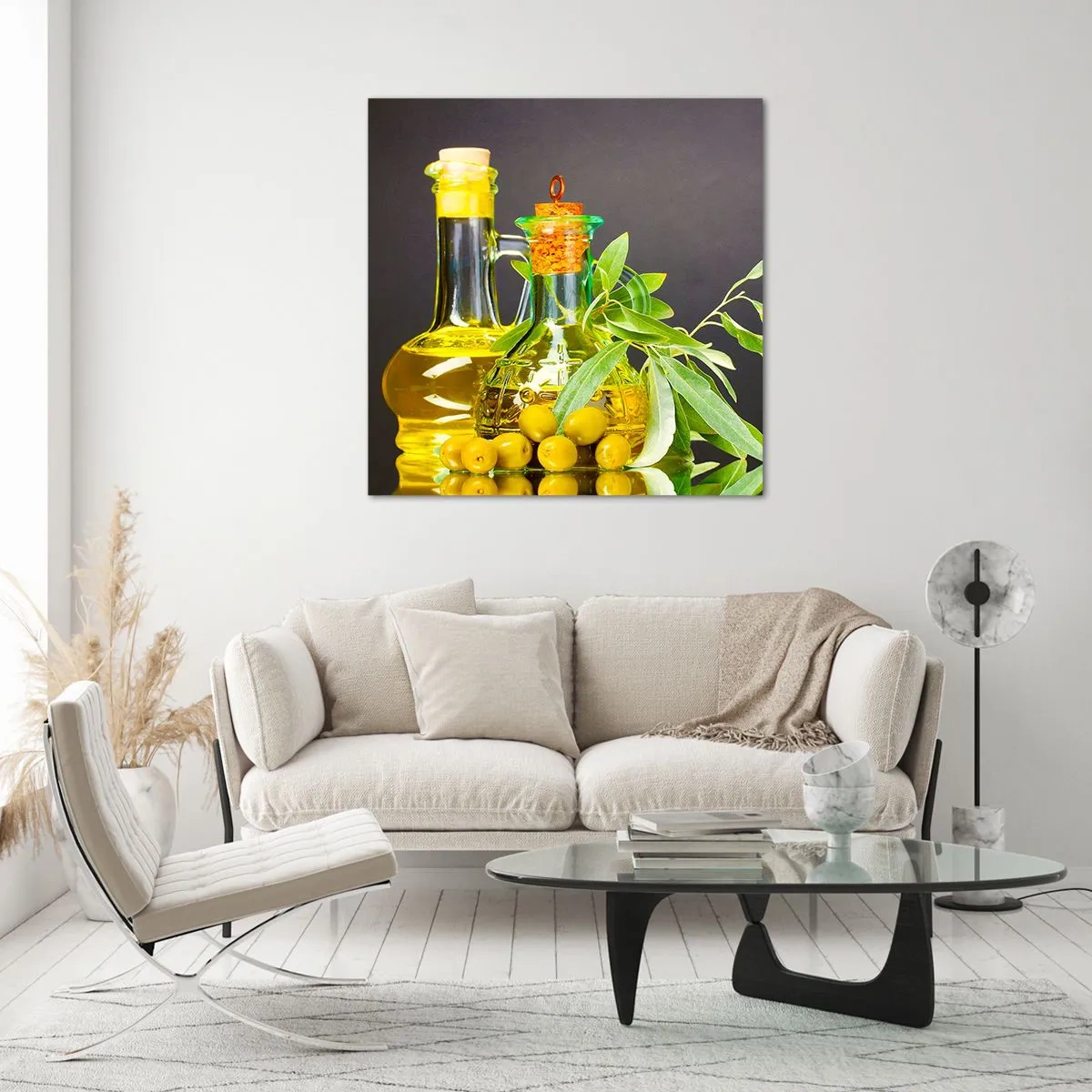 Impression sur verre - Image sur verre - Nature morte aux olives et à l'huile d'olive - 40x40 cm