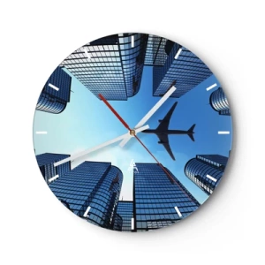 Horloge murale - Pendule murale - Un avion au-dessus de gratte-ciels modernes contre un ciel bleu - 30x30cm - La vue depuis le ravin de verre - Décoration murale moderne pour le salon, la cuisine et la chambre ARTTOR