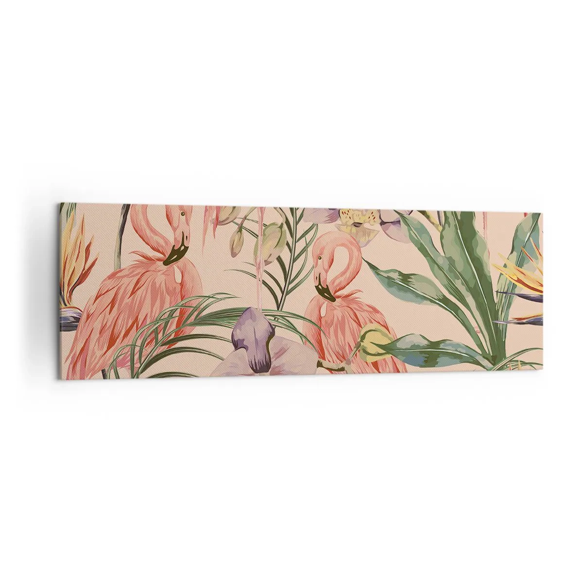 Impression sur toile - Image sur toile - Flamants roses et fleurs tropicales sur fond clair - 160x50cm - Ballet rose dans les fleurs - Décoration murale moderne pour le salon et la chambre ARTTOR