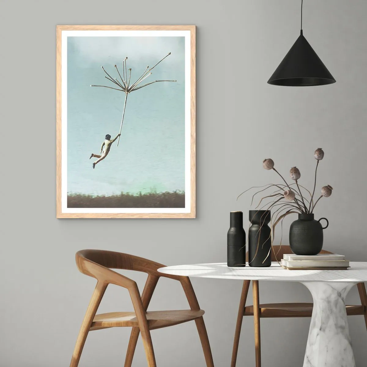Affiche dans un chêne clair - Poster - Cerfs-volants, pissenlits, vent - 50x70 cm