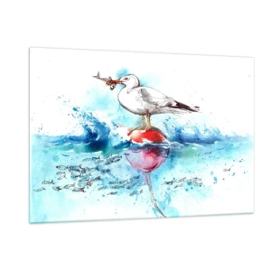 Impression sur verre - Image sur verre - Une mouette sur une bouée avec un poisson en arrière-plan des vagues de la mer - 120x80cm - Prise réussie - Décoration murale moderne pour le salon et la chambre ARTTOR