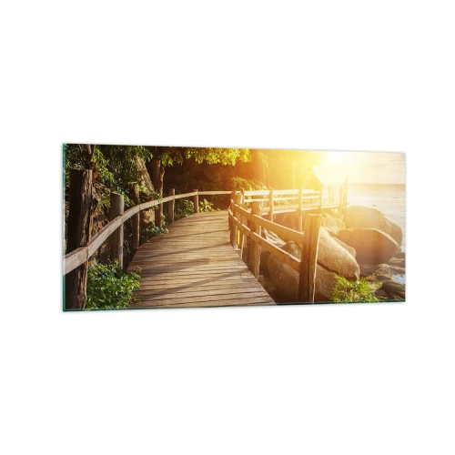 Impression sur verre - Image sur verre - Un pont en bois au milieu de la verdure menant à la mer sous les rayons du soleil - 120x50cm - Un autre tour, un autre miracle - Décoration murale moderne pour le salon et la chambre ARTTOR