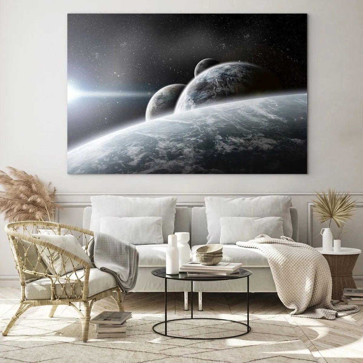 Impression sur verre - Image sur verre - Planètes dans l'espace avec un rayon de lumière - 100x70cm - Musique cosmique des sphères - Décoration murale moderne pour le salon et la chambre ARTTOR