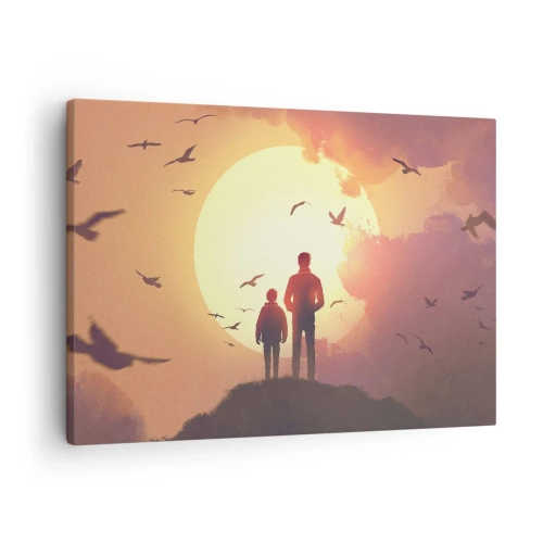 Impression sur toile - Image sur toile - Personnages sur fond de soleil couchant - 70x50cm - Face à face avec le soleil - Décoration murale moderne pour le salon et la chambre ARTTOR