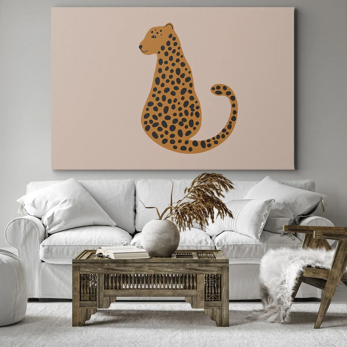 Impression sur toile - Image sur toile - Un dessin minimaliste d'une panthère sur fond beige - 70x50cm - La panthère est un motif à la mode - Décoration murale moderne pour le salon et la chambre ARTTOR