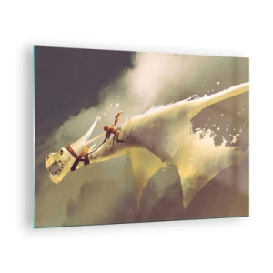 Impression sur verre - Image sur verre - Une silhouette sur le dos d'un dragon blanc dans un paysage brumeux - 70x50cm - Le monde à la rescousse - Décoration murale moderne pour le salon et la chambre ARTTOR