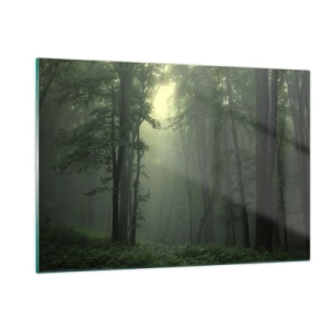 Impression sur verre - Image sur verre - Une forêt sombre enveloppée de brouillard avec des rayons de lumière - 120x80cm - Avant qu'il ne se réveille - Décoration murale moderne pour le salon et la chambre ARTTOR