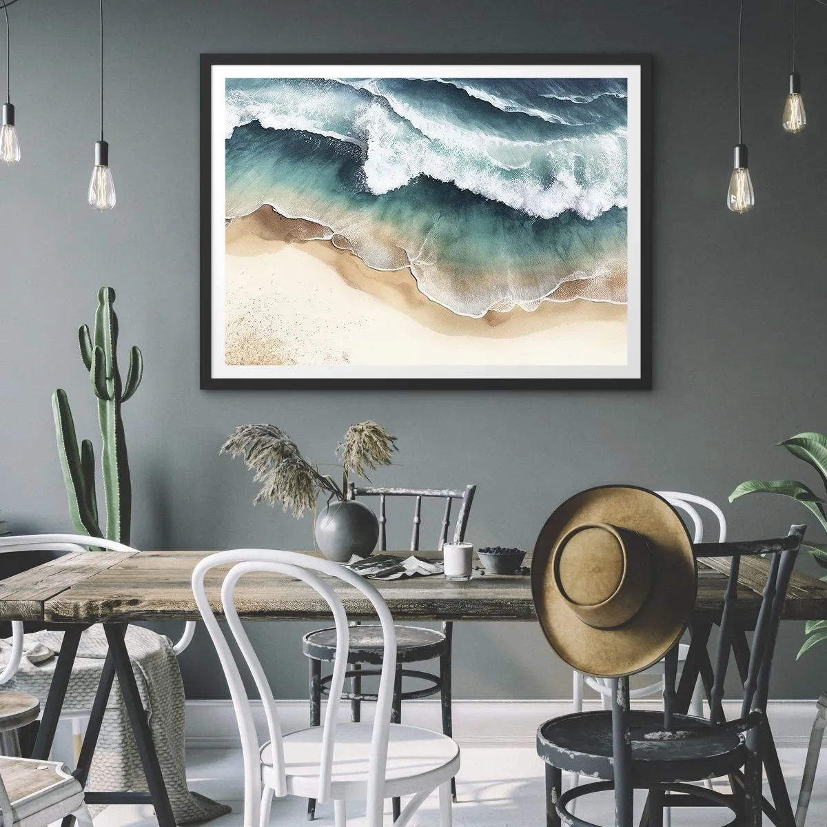 Affiche dans un cadre noir - Poster - Vue sur la plage et les vagues de la mer dans des tons turquoise - 70x50cm - La rencontre éternelle - Décoration murale moderne pour le salon et la chambre ARTTOR