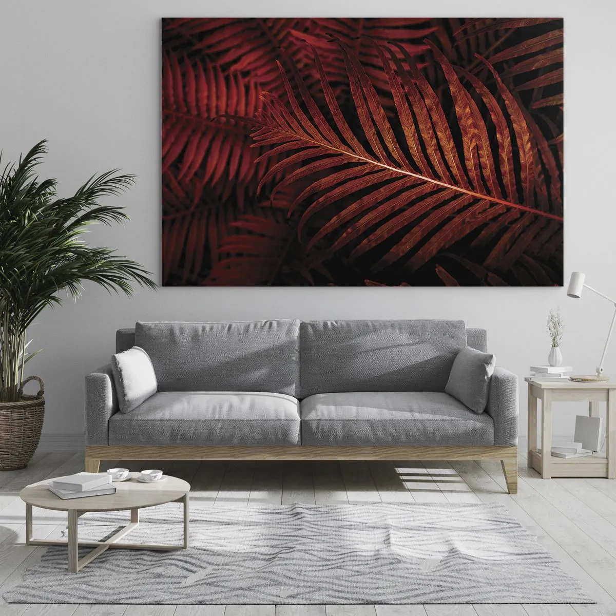 Impression sur verre - Image sur verre - Feuilles rouges d'une plante tropicale sur fond sombre - 70x50cm - Chaleur de la vie - Décoration murale moderne pour le salon et la chambre ARTTOR