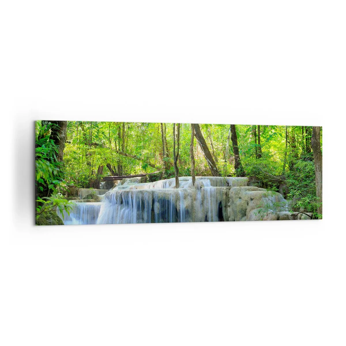 Impression sur toile - Image sur toile - Une cascade parmi des arbres verts avec de l'eau bleue dans un cadre naturel - 160x50cm - Se noyer dans le turquoise et le vert - Décoration murale moderne pour le salon et la chambre ARTTOR