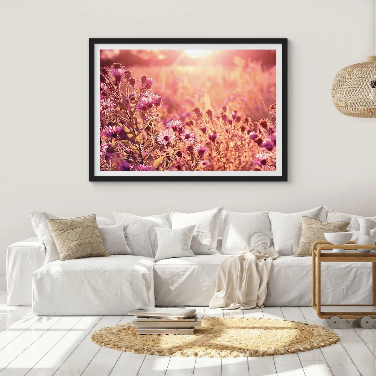 Affiche dans un cadre noir - Poster - Prairie à la lumière du soleil couchant - 70x50cm - Avant que l'été ne parte - Décoration murale moderne pour le salon et la chambre ARTTOR