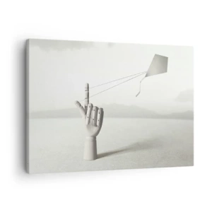 Impression sur toile - Image sur toile - Une main en bois minimaliste avec un cerf-volant sur un fond de paysage. - 70x50cm - Épreuve de force - Décoration murale moderne pour le salon et la chambre ARTTOR