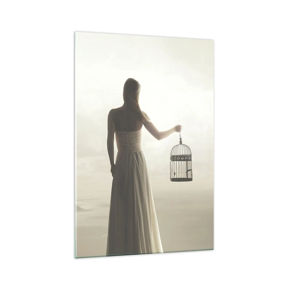 Impression sur verre - Image sur verre - Une femme avec une cage contre un ciel calme - 70x100cm - Soi libre - Décoration murale moderne pour le salon et la chambre ARTTOR