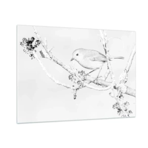 Impression sur verre - Image sur verre - Un oiseau perché sur une branche dans une scène hivernale monochrome. - 100x70cm - Matin d'hiver - Décoration murale moderne pour le salon et la chambre ARTTOR