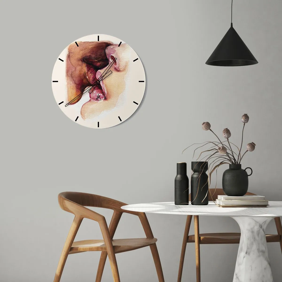 Horloge murale - Pendule murale - Un baiser de deux visages dans un style aquarelle - 30x30cm - Comme le jour et la nuit, la terre et le ciel - Décoration murale moderne pour le salon, la cuisine et la chambre ARTTOR