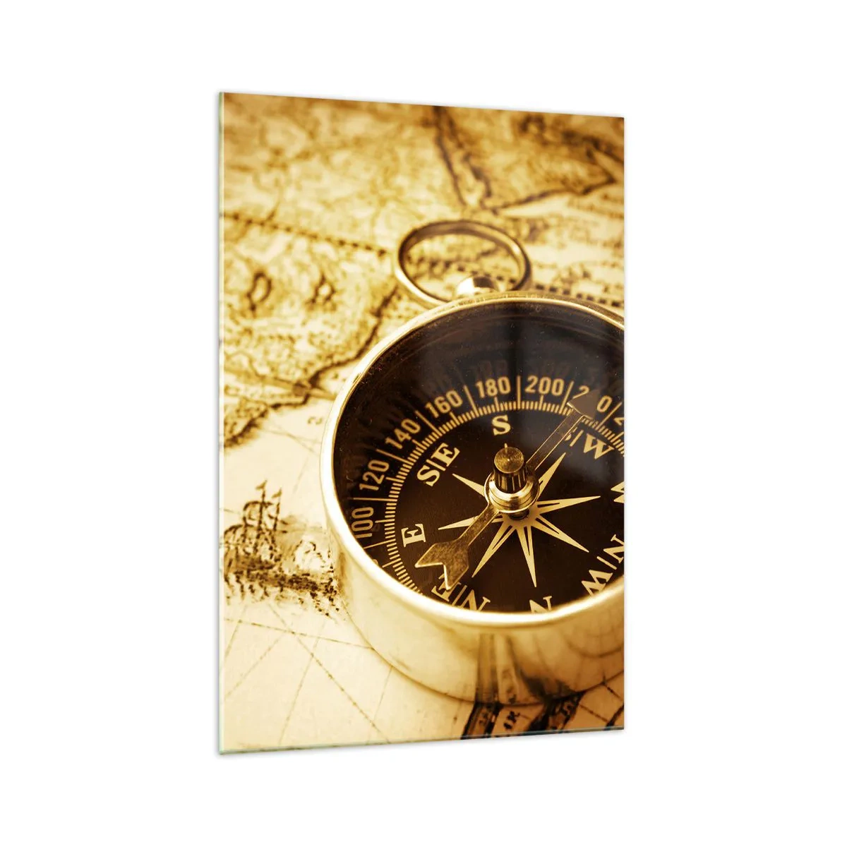 Impression sur verre - Image sur verre - Une boussole antique sur fond d'une vieille carte du monde - 70x100cm - Est ou ouest? - Décoration murale moderne pour le salon et la chambre ARTTOR