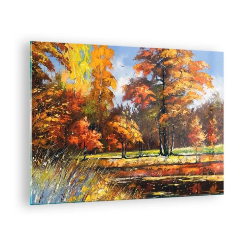 Impression sur verre - Image sur verre - Paysage d'automne avec arbres et reflet dans l'eau - 70x50cm - Paysage en or et bronze - Décoration murale moderne pour le salon et la chambre ARTTOR