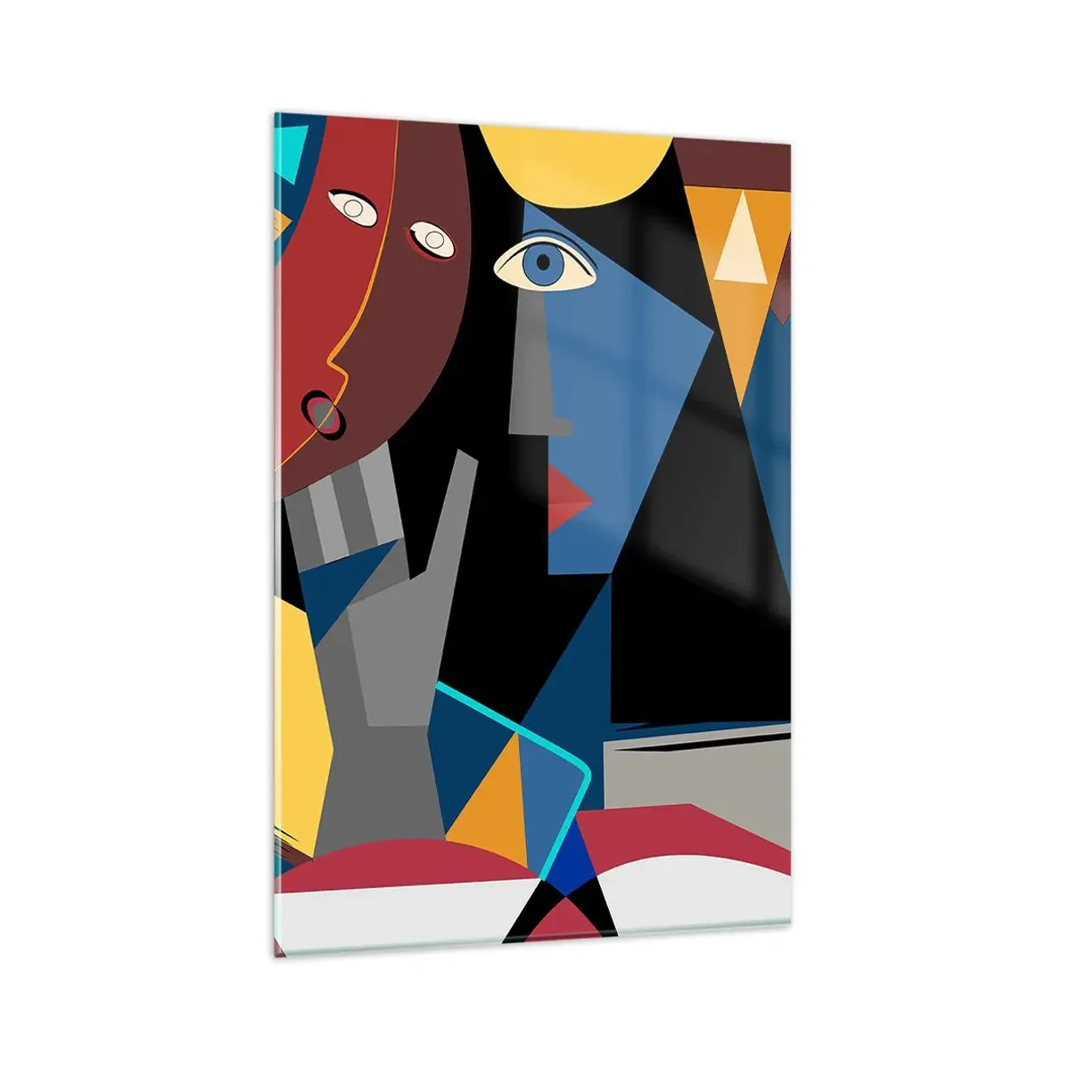 Impression sur verre - Image sur verre - Visages cubistes aux couleurs intenses - 80x120cm - Une conversation entre cubistes - Décoration murale moderne pour le salon et la chambre ARTTOR