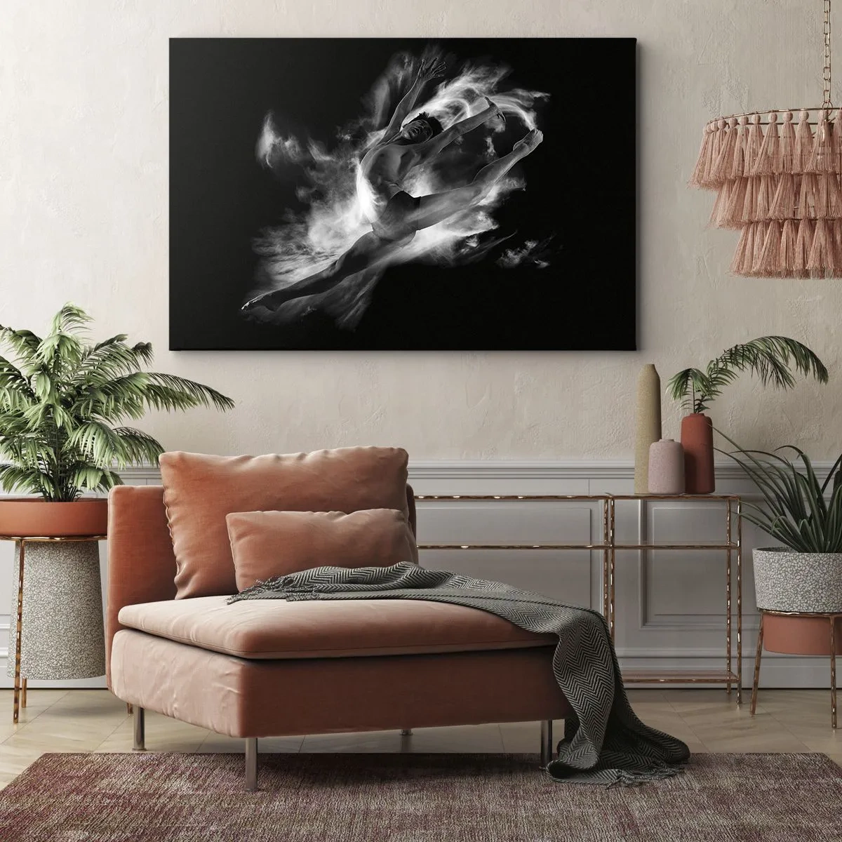 Impression sur toile - Image sur toile - Une danseuse dans une pose dynamique sur fond noir - 70x50cm - Coincé en l'air - Décoration murale moderne pour le salon et la chambre ARTTOR
