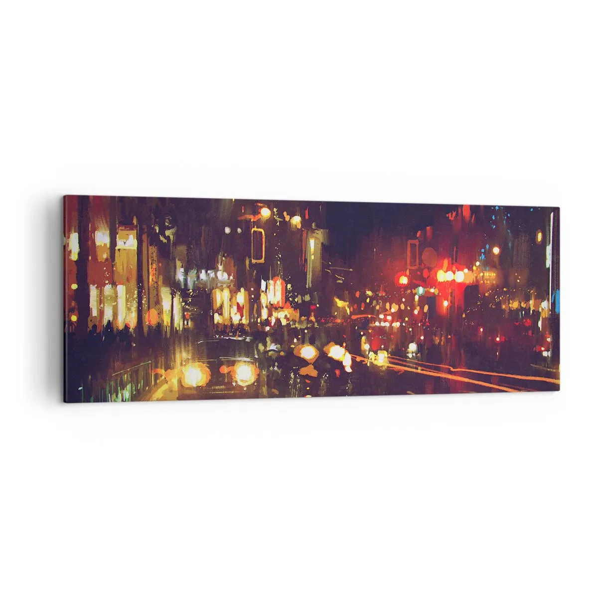 Impression sur toile - Image sur toile - Scène de ville nocturne avec des lumières colorées et des reflets dans la rue - 140x50cm - Immergé dans les lumières de la nuit - Décoration murale moderne pour le salon et la chambre ARTTOR
