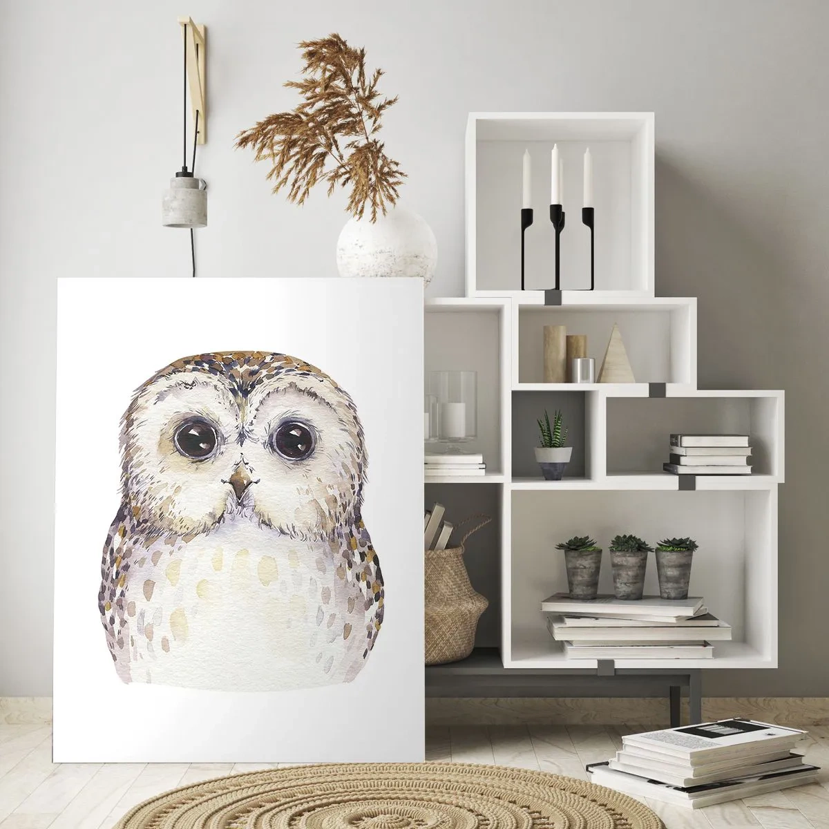 Impression sur verre - Image sur verre - Adorable hibou sur fond blanc dans un style aquarelle - 50x70cm - Regarde-moi dans les yeux - Décoration murale moderne pour le salon et la chambre ARTTOR