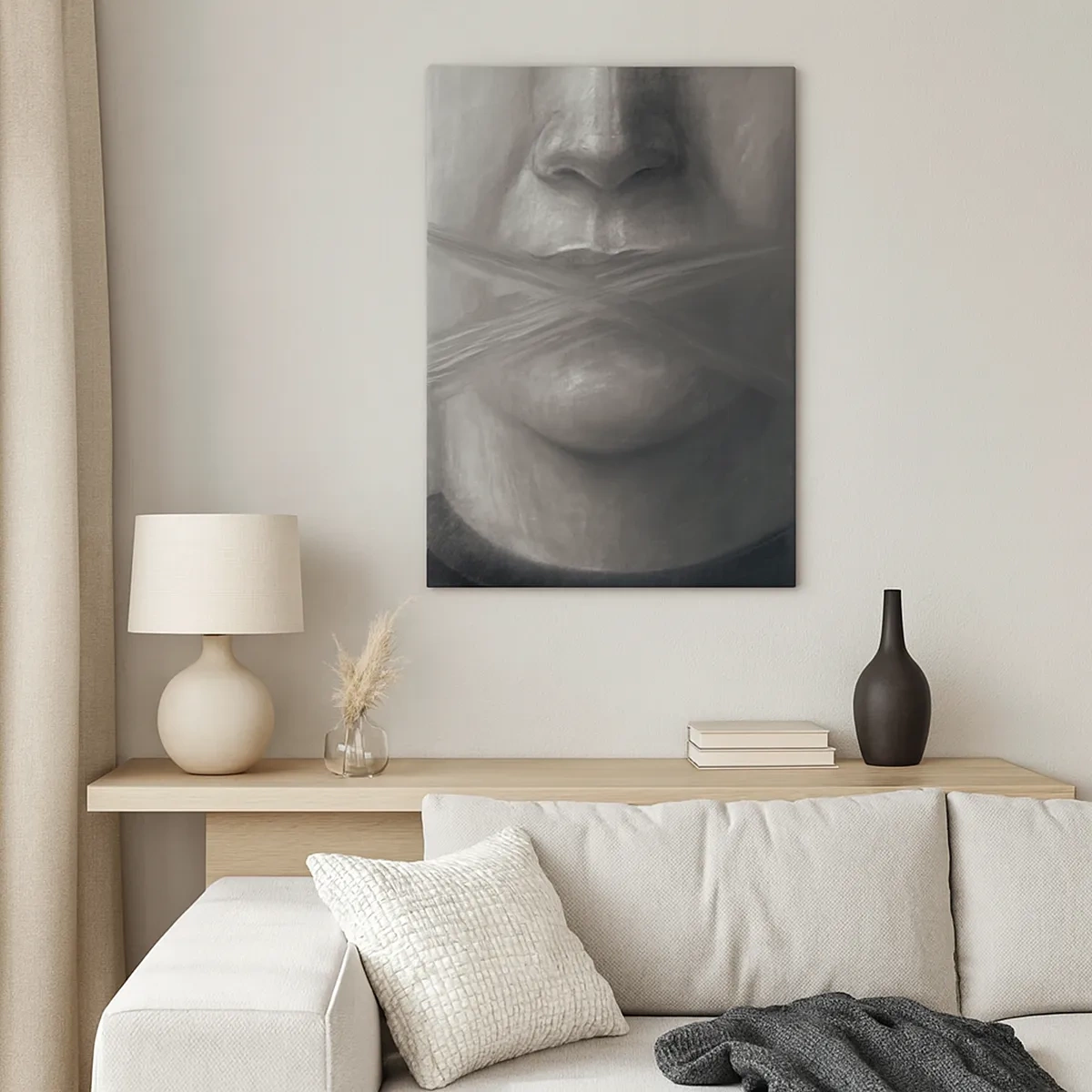 Impression sur toile - Image sur toile - Un portrait symbolique aux lèvres floues dans des tons gris. - 50x70cm - Sans mot - Décoration murale moderne pour le salon et la chambre ARTTOR