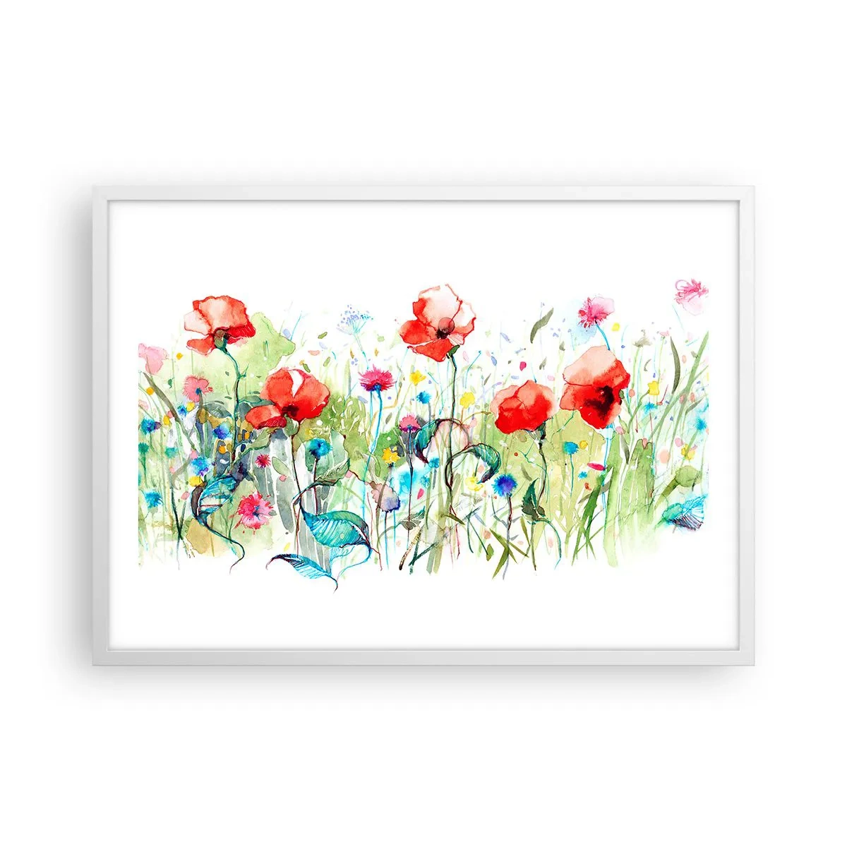 Affiche dans un cadre blanc - Poster - Prairie de fleurs en mai - 70x50 cm