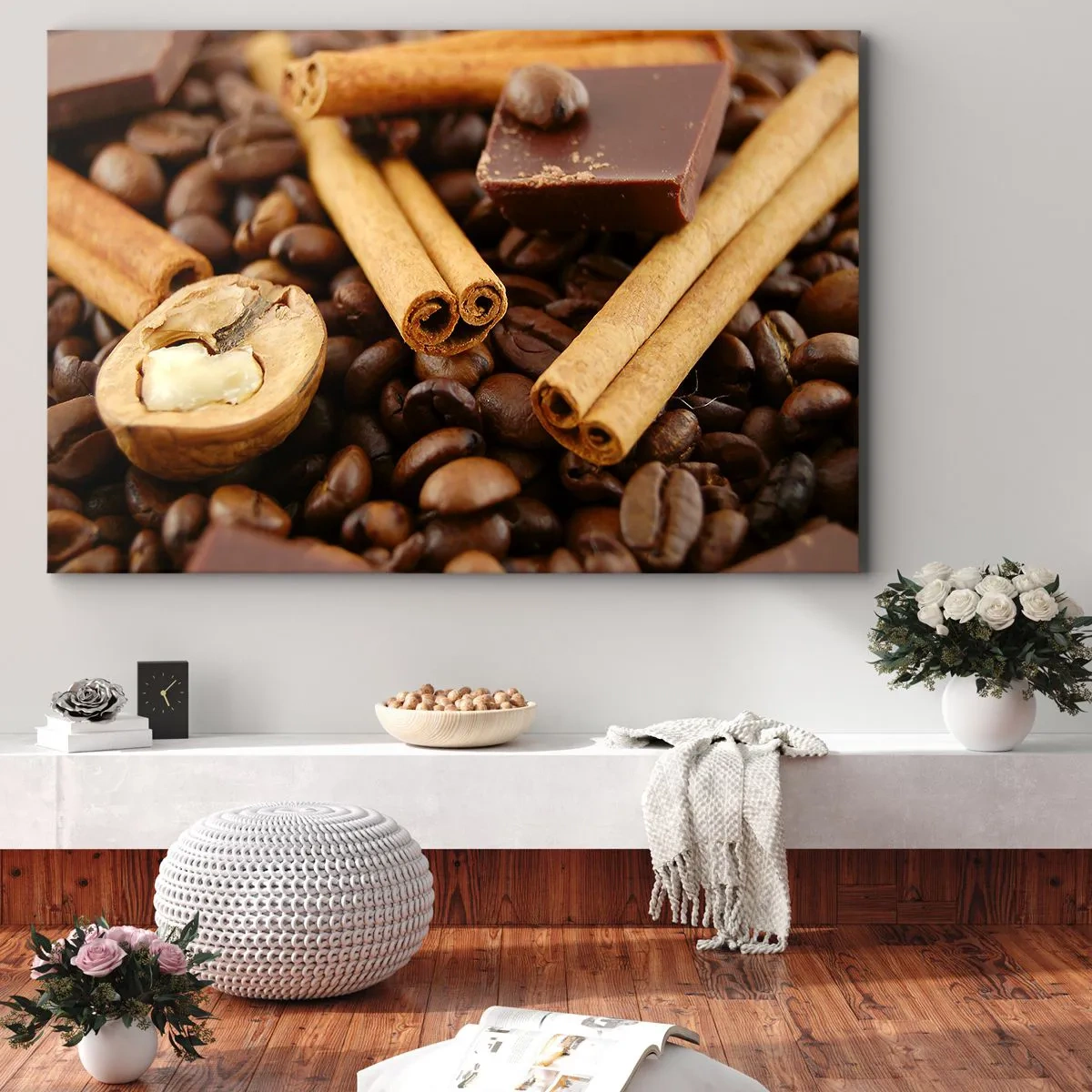 Impression sur toile - Image sur toile - Grains de café avec bâtons de cannelle, chocolat et noix. - 70x50cm - Concert d'aromates - Décoration murale moderne pour le salon et la chambre ARTTOR