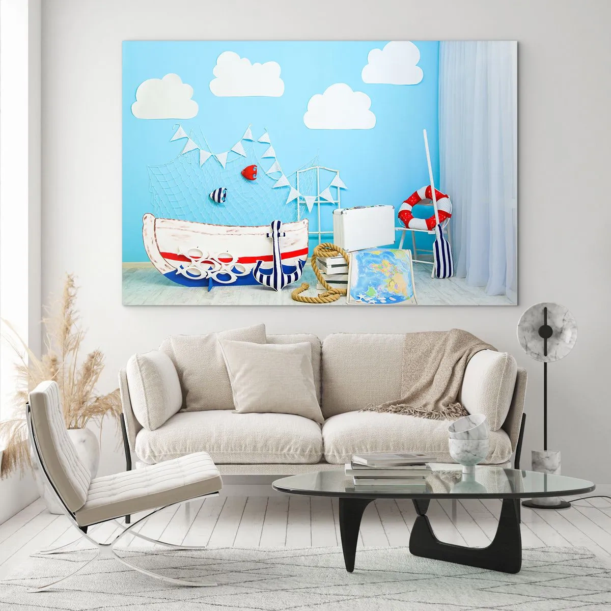 Impression sur verre - Image sur verre - Scène marine décorative avec un bateau et des accessoires nautiques - 70x50cm - Nostalgie infantile de l'aventure - Décoration murale moderne pour le salon et la chambre ARTTOR