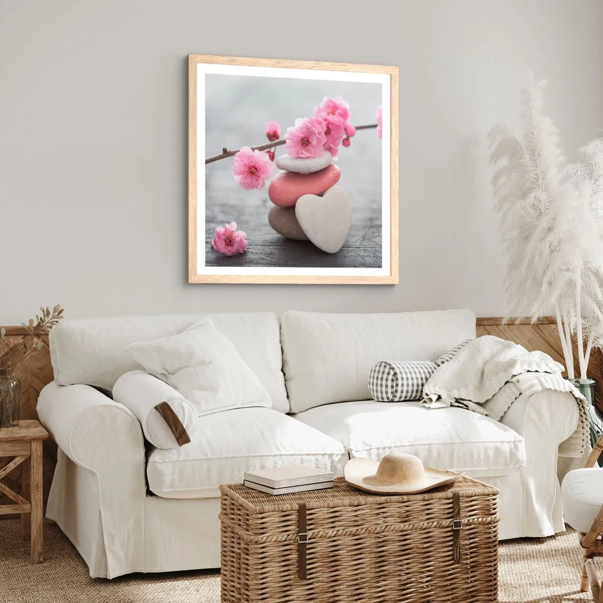 Affiche dans un chêne clair - Poster - Le bonheur avec une fleur de cerisier - 60x60 cm