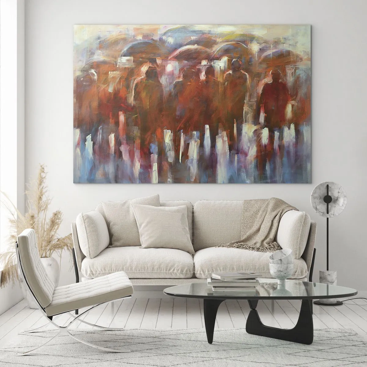 Impression sur verre - Image sur verre - Une foule de personnes avec des parapluies dans une abstraction artistique - 70x50cm - Identiques sous la pluie et dans le brouillard - Décoration murale moderne pour le salon et la chambre ARTTOR