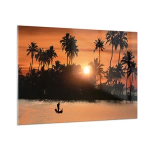 Impression sur verre - Image sur verre - Paysage tropical avec palmiers et coucher de soleil sur la rivière - 100x70cm - Il est temps de se détendre - Décoration murale moderne pour le salon et la chambre ARTTOR