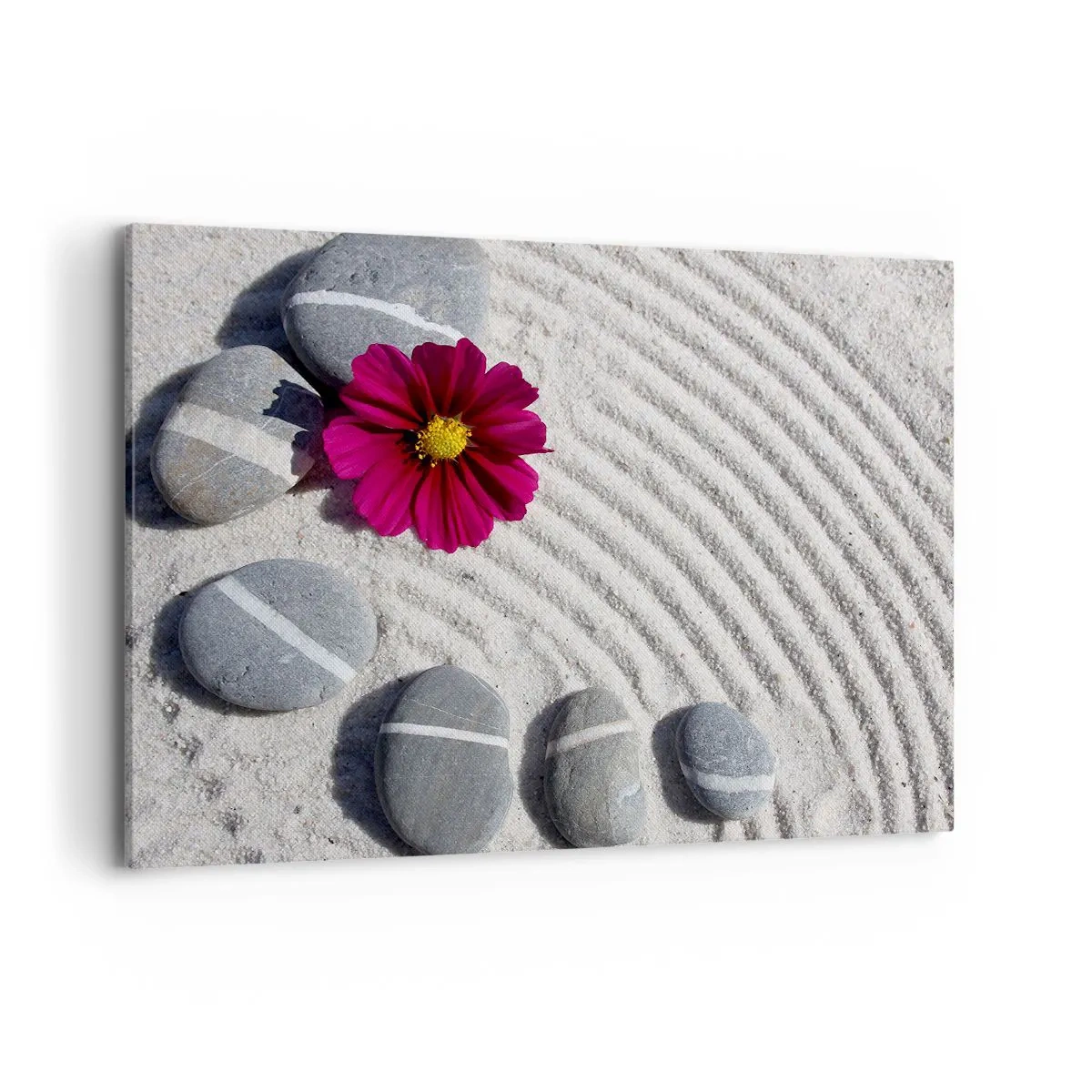 Impression sur toile - Image sur toile - Des pierres et une fleur rose sur le sable dans un style zen - 120x80cm - Énergie et paix du cercle magique de la nature - Décoration murale moderne pour le salon et la chambre ARTTOR