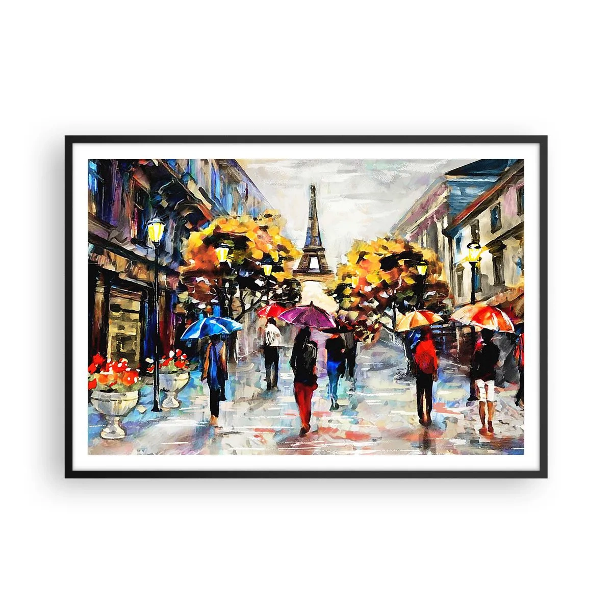 Affiche dans un cadre noir - Poster - Une promenade d'automne à Paris avec vue sur la Tour Eiffel - 100x70cm - Particulièrement beau en automne - Décoration murale moderne pour le salon et la chambre ARTTOR