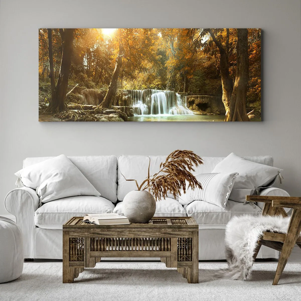 Impression sur toile - Image sur toile - Paysage d'automne avec une cascade - 120x50cm - Cascade du parc - Décoration murale moderne pour le salon et la chambre ARTTOR