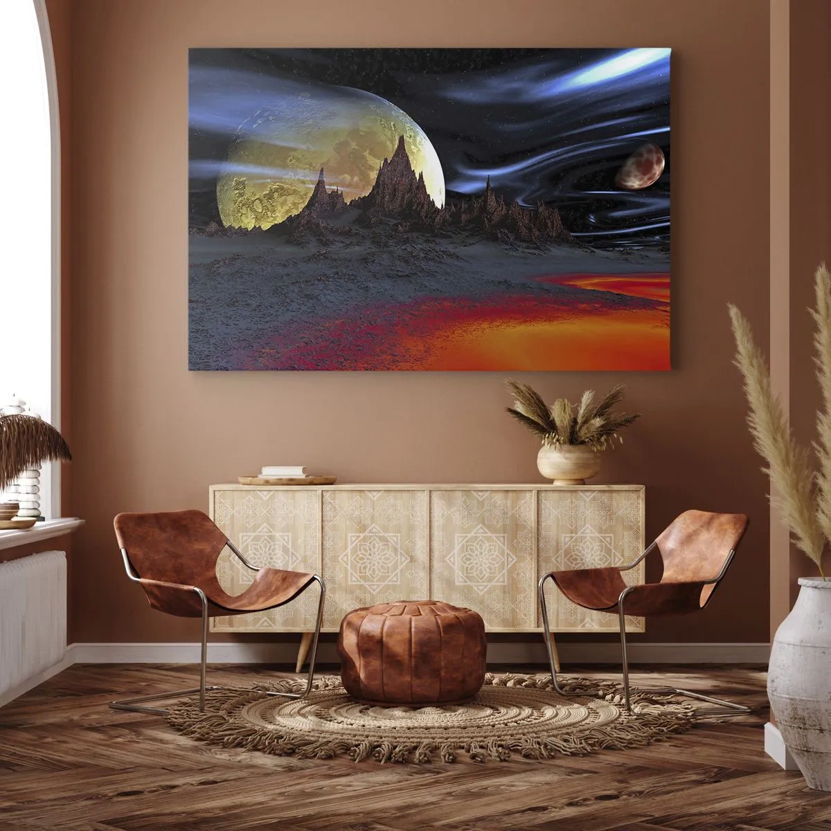 Impression sur toile - Image sur toile - Un paysage fantastique avec des planètes et des paysages volcaniques - 70x50cm - Monde inconnu - Décoration murale moderne pour le salon et la chambre ARTTOR