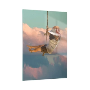 Impression sur verre - Image sur verre - Fille sur une balançoire parmi les nuages roses - 50x70cm - S'amuser dans les nuages - Décoration murale moderne pour le salon et la chambre ARTTOR