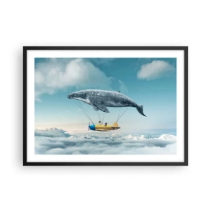 Affiche dans un cadre noir - Poster - Une baleine volante transporte un avion dans un décor surréaliste. - 70x50cm - Pourquoi pas? - Décoration murale moderne pour le salon et la chambre ARTTOR